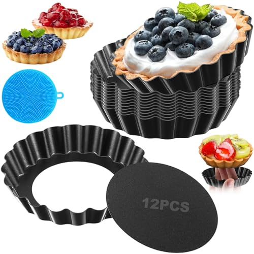Aurobest 12 Pezzi Teglia Crostata con Fondo Amovibile, 8cm Stampi Crostatine Acciaio Carbonio, Stampo Crostate Antiaderente, Formine per Torte, Tartellette, Pasticci, Torta, Quiche, Tortine (Nero)