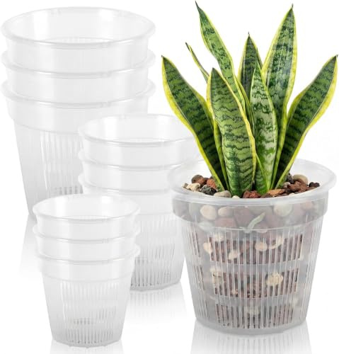 Dexpally 9 stycken orkidékrukor transparent – 14/16/19 cm blomkrukor | med dräneringshål och bricka, krukväxter för orkidéer planteringskrukor för rottillväxt