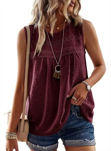 TUUHAW Camiseta sin Mangas Mujer Cuello Redondo Verano Elegante Tank Top | Boho Encaje Casual Túnica, Suelto Plisada Tops, Sólido Bordado Camisa, Basic Blusas, Estilo Retro, Oficina Uso Diario Ropa