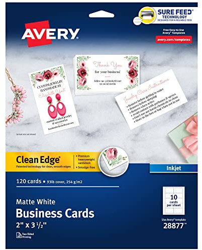 Avery Clean Edge Printable Business Cards with Sure Feed Technology, 2 x 3.5, White, 120 Blank Cards for Inkjet Printers (28877)