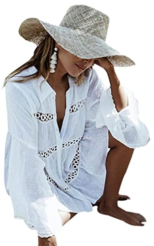 BUTTZO Women's Bikini Swimwear Beachwear Sexy Cover Up Tops Button Down Shirts Long Sleeve Blouse Bathing Suit
