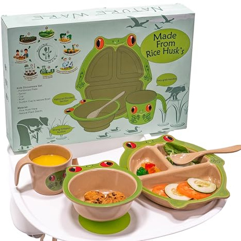 Refresh-A-Baby Rice Husk Eco-Friendly Feeding Set for Children 4 Pcs – Includes Divided Plate, Suction Bowl, Spoon, Cup, BPA Free, Dishwasher Safe, (Frog)