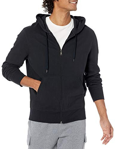 Amazon Essentials Herren Leichter French-Terry-Hoodie Mit Durchgehendem Reißverschluss Und Bequemer Passform, Schwarz, L