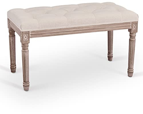 VONLUCE 80cm Long Vintage Upholstered Bench with Padded Seat | Tufted Entryway Dining Bench Seat & Footstool | French Rustic Ottoman for Bedroom Living Room Hallway, Beige