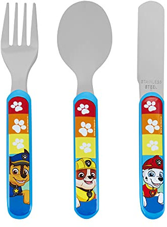 Paw Patrol 3-teiliges Besteckset-Metall, wiederverwendbares Kindermesser, Gabel & Löffel, Kindergröße, aus lebensmittelechtem Edelstahl & ABS-Kunststoff-Chase Marshall Skye Rubble-Ab 36 Monaten, GR