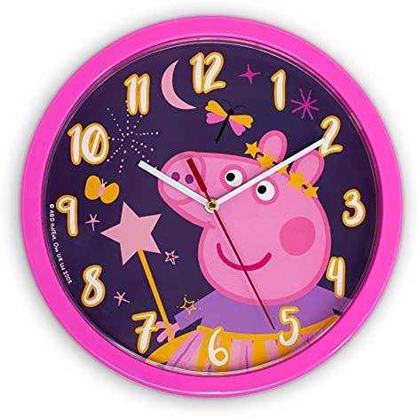 damaloo Reloj de Pared Compatible con Peppa Pig para Niños de 24 cm - Reloj de Pared Grande para Habitaciones de Niños. Relojes de Pared para Aprender la Hora - Reloj Decorativo para Niñas y Niños