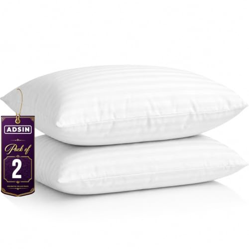 2 Pack Stripe Hollowfibre Pillows Hotel Quality, Soft, Comfortable Suitable & Supportive Bounce-Back Luxury Pillows for Stomach, Back & Side Sleep, Standard Size (19x29)
