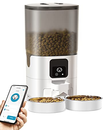 Acteam Automatic Cat Feeder with APP Control, 7L Pet Food Dispenser for Two Pets, 2.4G WiFi Smart Timed Pet Feeder Dry Food Dispenser with 2 Stainless Steel Bowl, for Cats Large Dogs and Multiple Pets