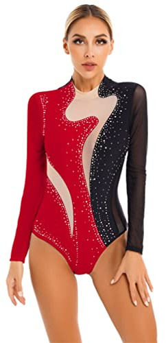 TiaoBug Femme Justaucorps Gymnastique Manche Longue Strass Brillant Léotard Danse Ballet Col Haut Bodysuit Combinaison Sport Yoga Vêtement Patinage Artistique S-XXL Noir & Rouge L