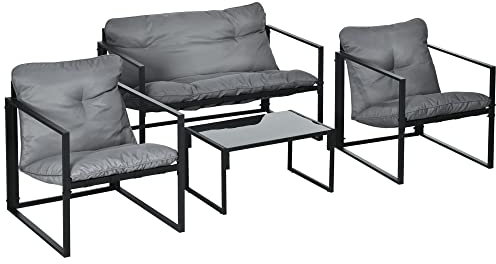Outsunny Gartenmöbel Set 4 Personen Stahl wetterfest Balkonmöbel-Set mit 2er Sofa, Sessel Glastisch Sitzkissen Outdoor Sitzgruppe Terrassenmöbel Gartengarnitur für Garten Terrasse Balkon Grau+Schwarz