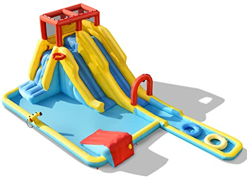 COSTWAY Castillo Hinchable para Niños, Parque Acuático Inflable con Doble Tobogán, Juego de Baloncesto, Pistola de Agua, Pared de Escalada, Incluye Pelota Inflable, Anillos de Natación (sin Soplador)