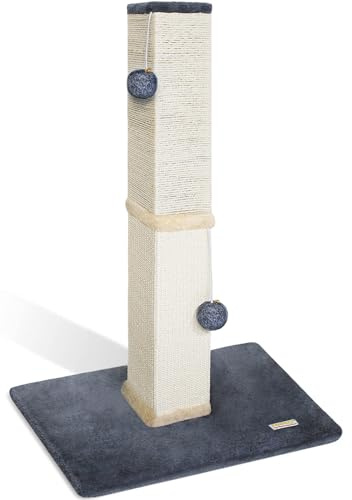Pawbee 32 Cat Scratching Post Tower with Jingle Bells and Plush Balls, Sisal Tower with Larger Base for Better Stability, Beige