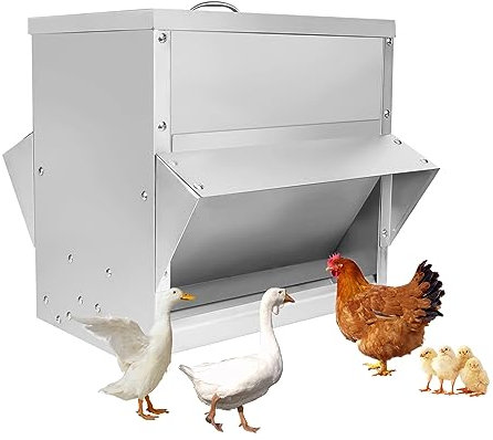 MUALROUS Automatischer Hühnerfütterer mit Deckel 55LB Großer Hühnerfuttertrog Spender Kein Abfall Edelstahl Geflügelfütterer Regenfeste Entenfütterung Outdoor für Hühner Ente Geflügel