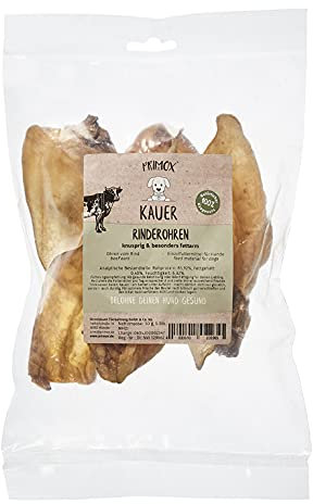 PRIMOX® Rinderohren 10 x 50g I 100% natürlicher, knuspriger & fettarmer Kausnack I Unterstützt Zahnpflege I Perfekte Alternative zu Schweineohren
