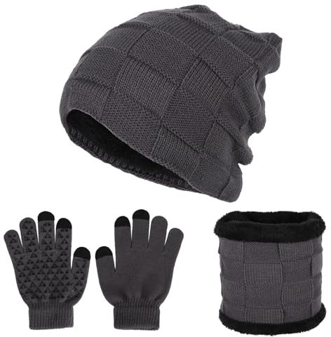Set 3 in 1 per bambini, cappello invernale e sciarpa e guanti, berretto invernale lavorato a maglia, guanti caldi e scaldacollo, spessi con morbida fodera in pile, per ragazzi da 2 a 10 anni, Grigio,
