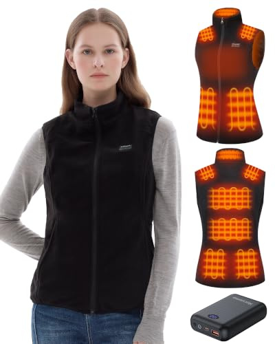 Hecusma Polaire Gilet Chauffant Femme avec Batterie 16000mAh 7.4V Incluse, Gilet Chauffant Moto, Gilet Chauffant Electrique en Polaire pour Femme pour la Extérieur Chasse, Le Ski