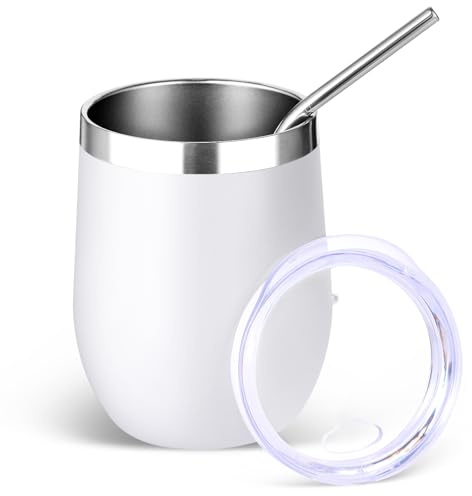 Volhoply - Bicchiere da vino in acciaio inossidabile da 350 ml con coperchio e cannuccia, bicchieri da vino senza stelo a doppia parete con isolamento sottovuoto, tazza da caffè da viaggio per bevande