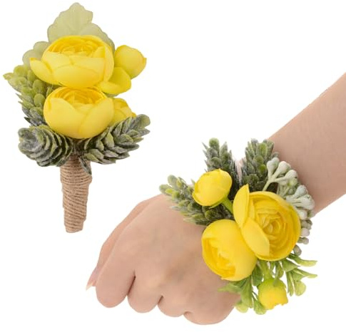 URROMA 2 st gula rosenknoppar bröstbukett handledsblomma set konstgjord hand blomma och knapphålsblomma set för hemkomst examen bal brud bröllopsfest