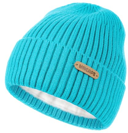 Wmcaps Fleece Lined Kids Beanie Winter Hat Ages 6-12, Soft and Warm Cuffed Hat Wooly Hat Birthday Party Xmas Gifts for 6-12 Year Olds Boys Girls, Azure Large