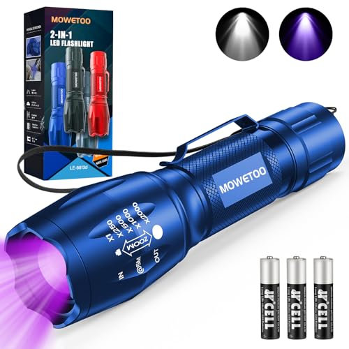 MOWETOO Lampe de poche, lampe UV 2 en 1, lampe à lumière noire, 395 nm, 4 modes, détecteur pour faux billets, urine de chiens et autres animaux domestiques, détecteur d'urine 3 piles AAA 40 W Bleu