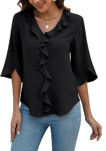 ABINGOO Mujer Gasa Blusas Manga 3/4 Cuello en V Volantes Shirt Elegante Verano Color Sólido Túnica Casual Camiseta(Negro,L)