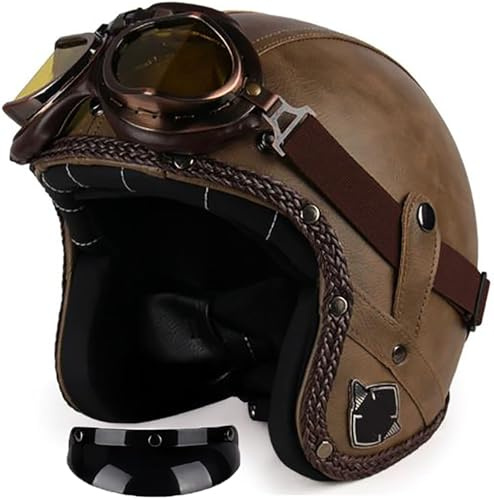 Vintage Casco Moto Jet Casco Scooter Ciclomotore Retrò Moto Mezzo Casco In Pelle 3/4 Con Occhiali Casco Aperto Per Donna E Uomo Adulto Caschi Cromwell Omologato DOT/ECE 5,L=59-60CM