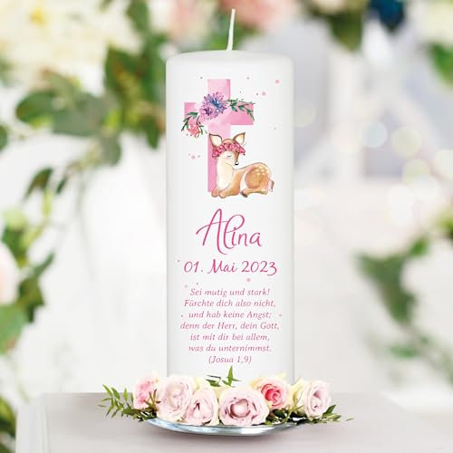 Wandtattoo Loft Taufkerze Mädchen mit Taufspruch, Motiv mit Jesuskreuz und Rehkitz, 25cm x 7cm, personalisierte Kerze, bedruckte Kerze zur Taufe, Stumpenkerze, individuelles Taufgeschenk