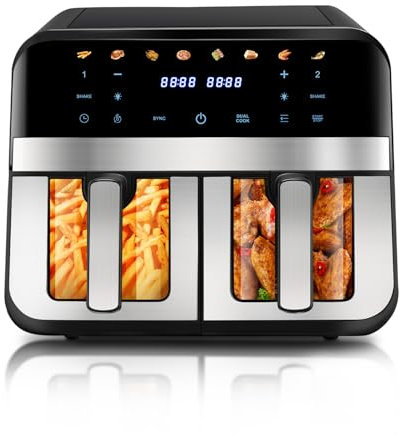 Freidora de aire caliente, 2 cámaras con ventana, 9 L, XL, 2400 W, doble cámara, sin aceite, 8 programas, pantalla táctil, función temporizador, revestimiento antiadherente, freidora sin grasa, apta