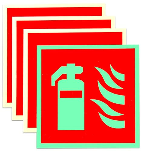 4PCS Cartello Estintore PVC Autoadesivo Cartelli Estintori Fotoluminescente Segnaletica di Protezione Antincendio per Casa Ufficio Cantiere e Auto 15 x 15 cm