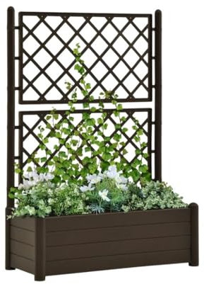 PALUPLUS Fioriera Rettangolare con Spalliera da Esterno, Misura 100x43x142 cm, Vaso in Plastica Resistente airaggi UV, Traliccio con Grigliato per Fiori e Rampicanti -036F (Marrone)