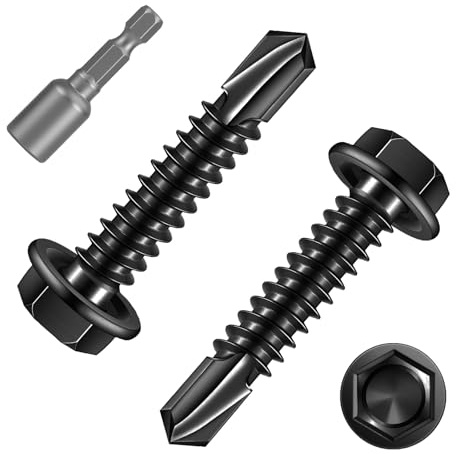 FandWay 100 Pcs Hex Head Self Drilling Screws for Metal,M4.2x19mm Self Tapping Sheet Metal Tek Screws,410 Stainless Steel Black Coating Hex Drive With 1 Bits for Steel/Wood/Plastic.