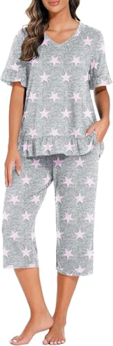 PrinStory Pyjamas, dam, v-ringad, pyjamas, kortärmad topp och 3/4 långa byxor