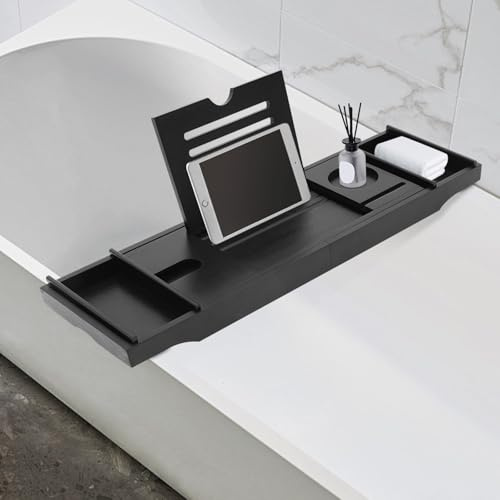 Mensola per vasca da bagno in bambù, regolabile, per vasca da bagno, accessori da bagno, vassoio in bambù, per accessori da bagno, colore nero