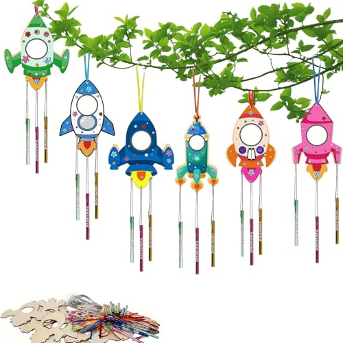 virkwuy 12 Pezzi Scacciapensieri per Bambini in Legno Kit, Bambini in Legno Artigianali Razzo Set, Razzo Vento Campane Artigianali Set, Adatto per Decorazione, il Bricolage Genitori-Figli, ecc