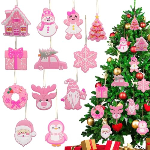 Julgransprydnad, 12 stycken rosa PVC julhängen, julgransdekorationer, hängande PVC, juldekoration för upphängning, juldekoration, julornament