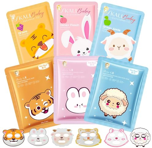 6 Pièces Masque Visage Enfants Fille, Masque Tissu Visage Enfant Animaux, masque Beauté Ado, pour Eclaircissant, Nourrissants, Appaisant, Cadeaux pour Femmes Adolescentes