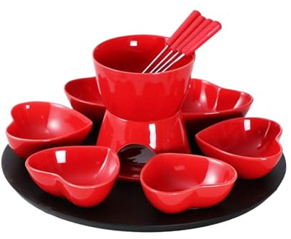 Dqsgiqe Ceramic Chocolate Melting Pot, Chocolate Fondue Mug with Forks, Plates and Trays, Multi-Purpose Chocolate Fondue Mug for Cheese, Chocolate, Butter and Caramel