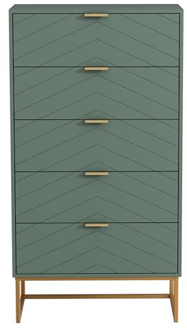 UEV Byrå med 5 lådor, skåp, trä med tippskydd, metallfot, highboard, sideboard, smalt byrå, sidoskåp för vardagsrum, sovrum, hall 60 x 34 x 110 cm (grön)