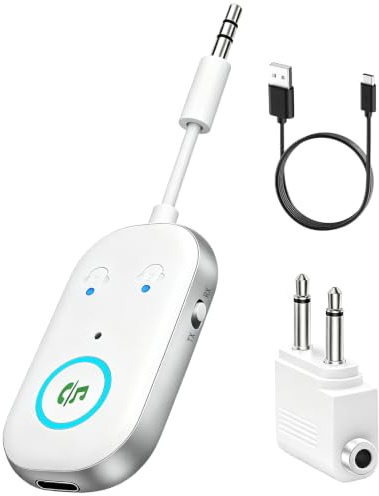 Receptor Bluetooth 5.3,2 en 1 Transmisor Bluetooth,receptor bluetooth jack 3.5,Adaptador bluetooth coche Soportes para 2 AirPods/auriculares,transmisor BLUEtooth para TV/Avión/Coche/Auriculares-Blanco