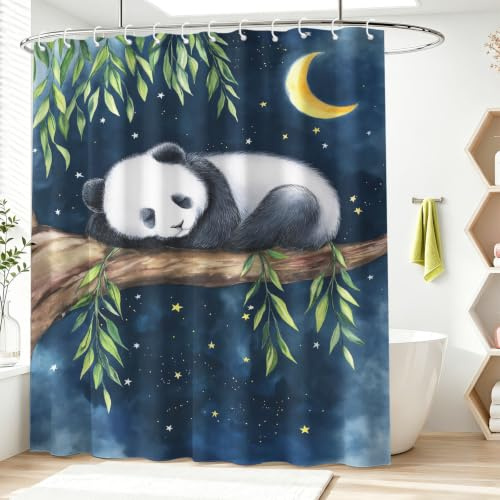 Drömlik tyst duschdraperi, panda natt himmel måne grenar stjärnor akvarell tvättbar med krok toaletttyg duschdraperier för badrum badkar lägenhet dekoration 200 H x 240 B cm