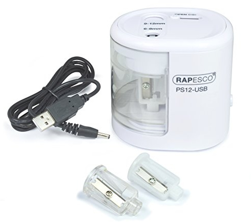 Rapesco 1448 PS12-USB Taille-Crayon Électrique Automatique, à Utiliser avec Câble USB (inclus) ou Piles (non inclus), Blanc
