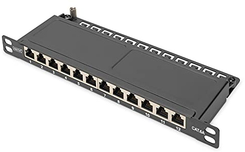 Panel de conexión Cat 6A, apantallado, 12 Puertos 1/2U, 10, Montaje en Rack, Negro RAL 9005