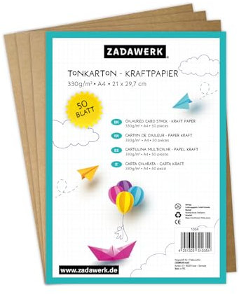 ZADAWERK® Tonkarton - 330 g/m² - DIN A4 - Naturbraun - 50 Blatt - Bastelkarton - farbiges Kraftpapier zum Basteln - Tonzeichenpapier dick – 29,7x21 cm groß