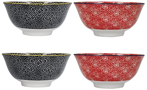 KitchenCraft Glazed Stoneware Bowl Set of 4, Red and Black Floral, 15.5 x 7.5cm, Gift Boxed