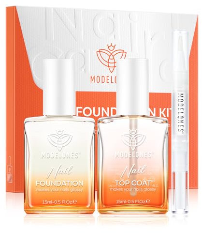 Modelones Nail Repair Concealer Set, 15ml Natural Nail Polish Foundation with Top Coat & Cuticle Oil, Air Dry Nail Care Kit for Damaged Nails, Pearl White