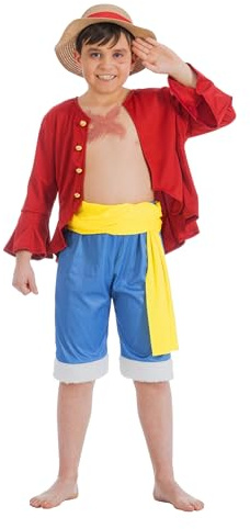 Chaks Costume Ruffy Cappello di paglia Monkey D. Ruffy per bambini, misura 128-152 Anime Licenza Manga Cosplay Carnevale (128), multicolore.