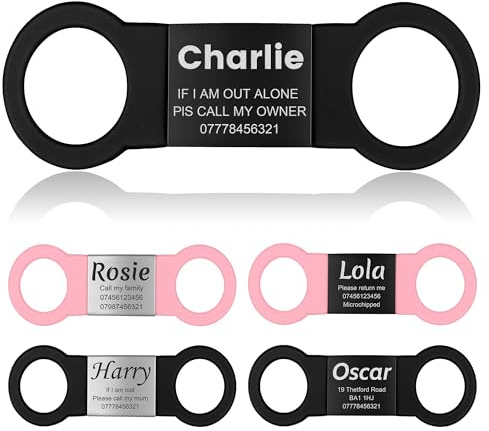 YEHANTI Dog Tags for Pets Engraved Personalised Pet ID Tags for Dogs and Cats - Silent Slide on Dog Name Tags with 4 Lines Text Engraved - Dog ID Tags for Collar, No Jingling (Black-Black, S)