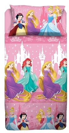 Princess, Juego de sábanas para Cama Individual, Juego de sábanas de Disney, sábana encimera, sábana Bajera Ajustable, Funda de Almohada, Rosa, Disney, 100% algodón, Producto Oficial