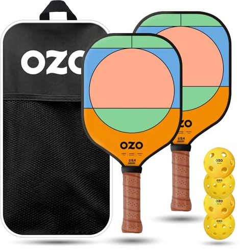 OZO Pickleball – Set mit 2 Schlägern + 4 Bällen + Tasche – Spark Anfänger Power-Schläger + 4 Injektionsbälle (2X Indoor + 2X Outdoor)