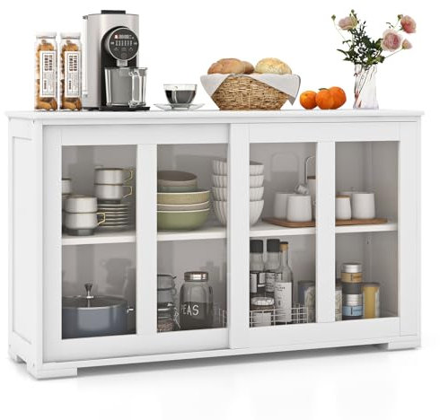 COSTWAY Sideboard, Küchenschrank mit Glasschiebetüren & verstellbarem Ablage, Buffetschrank Aufbewahrungsschrank, für Küche, Esszimmer, Wohnzimmer, 107 x 33 x 64 cm, Holz (Weiß)